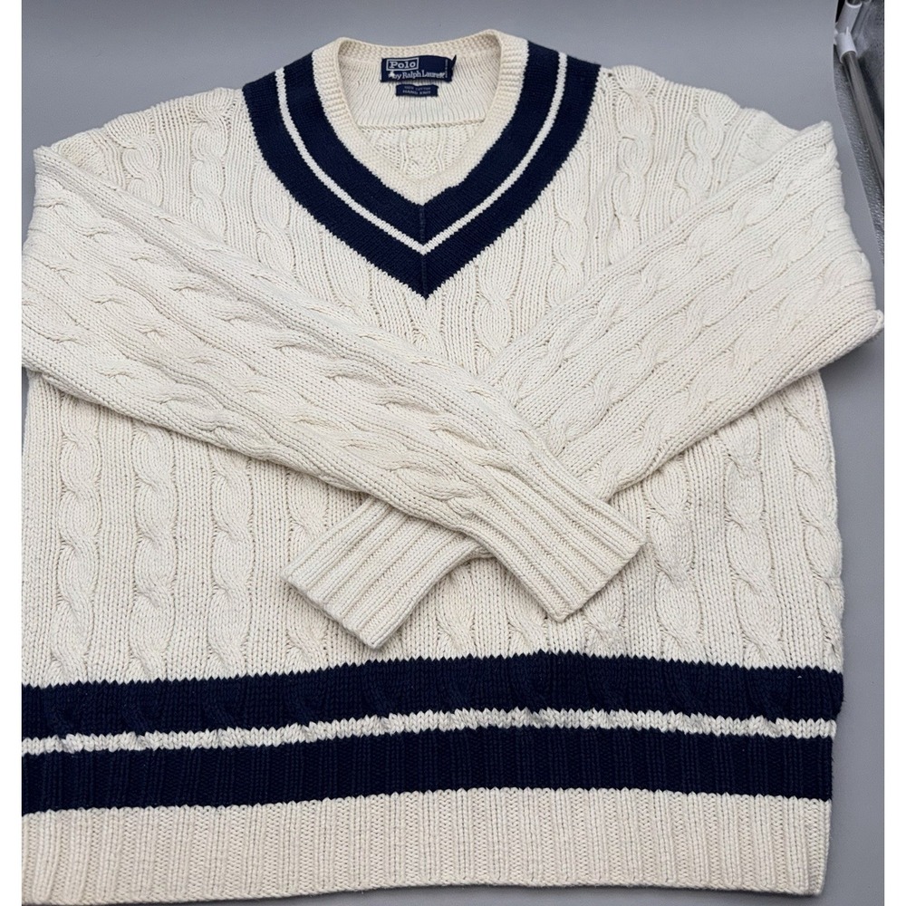 Polo Ralph Lauren Cricket Sweater Mens XL Cable Knit Cotton Hand Knit Navy